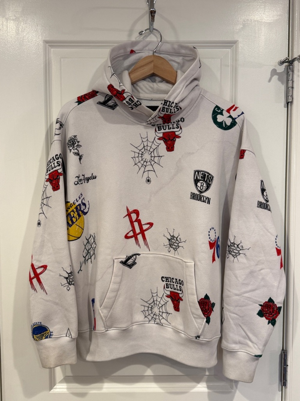 Hollister White NBA Logo All-Over Print Hoodie with Red Accents